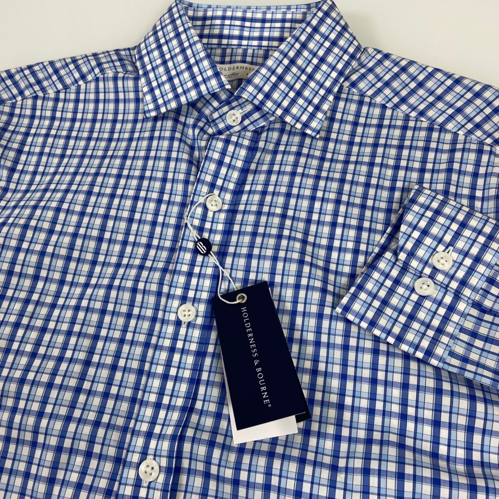 Holderness & Bourne Mens M Blue Plaid Flynn Sport Shirt NEW Tailored Fit Stretch